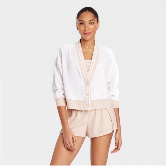 JoyLab Towel Cardigan - White & Cream - Picture 1 of 5